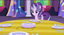 Size: 2543x1425 | Tagged: safe, screencap, starlight glimmer, g4, no second prances, cutlery, plate, smiling, table, twilight's castle