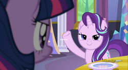 Size: 2551x1401 | Tagged: safe, screencap, starlight glimmer, twilight sparkle, alicorn, pony, g4, my little pony: friendship is magic, no second prances, buffering, discovery family logo, female, mare, raised hoof, twilight sparkle (alicorn)