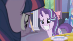 Size: 636x358 | Tagged: safe, screencap, starlight glimmer, twilight sparkle, alicorn, pony, g4, my little pony: friendship is magic, no second prances, discovery family logo, female, mare, nervous smile, twilight sparkle (alicorn)