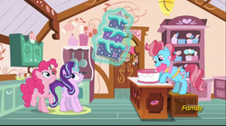 Size: 2535x1423 | Tagged: safe, screencap, cup cake, pinkie pie, starlight glimmer, g4, no second prances, cake, discovery family logo, food, sugarcube corner