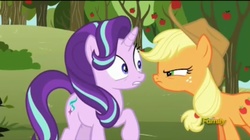 Size: 2048x1149 | Tagged: safe, screencap, applejack, starlight glimmer, g4, no second prances, angry, discovery family logo