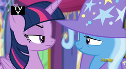 Size: 2519x1385 | Tagged: safe, screencap, trixie, twilight sparkle, alicorn, pony, g4, no second prances, discovery family logo, female, mare, twilight sparkle (alicorn)