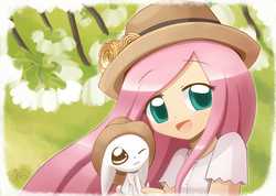 Size: 1407x1000 | Tagged: safe, artist:howxu, angel bunny, fluttershy, human, g4, duo, humanized