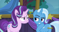 Size: 2543x1393 | Tagged: safe, screencap, starlight glimmer, trixie, pony, unicorn, g4, no second prances, discovery family logo, female, mare