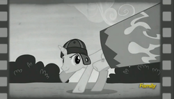 Size: 2495x1417 | Tagged: safe, screencap, hoofdini, pony, unicorn, g4, no second prances, discovery family logo, film, harry houdini, helmet, male, monochrome, solo, stallion