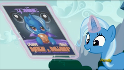 Size: 1600x900 | Tagged: safe, edit, edited screencap, screencap, trixie, pony, unicorn, g4, no second prances, discovery family logo, female, mare, trixie's poster