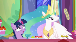 Size: 2527x1425 | Tagged: safe, screencap, princess celestia, twilight sparkle, alicorn, pony, g4, no second prances, discovery family logo, female, fork, magic, mare, silverware, strawberry pick, telekinesis, twilight sparkle (alicorn), twilight's castle