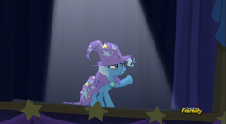 Size: 2495x1377 | Tagged: safe, screencap, trixie, pony, unicorn, g4, no second prances, clothes, discovery family logo, female, mare, solo, stage, the paint and growerful triskie, torn clothes