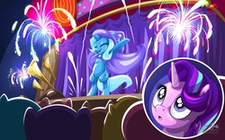 Size: 2560x1600 | Tagged: safe, artist:mysticalpha, starlight glimmer, trixie, pony, unicorn, g4, no second prances, bipedal, eyes closed, fireworks, open mouth, stage, that was fast, trixie's wagon