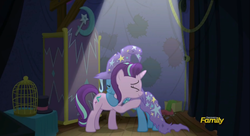 Size: 2495x1361 | Tagged: safe, screencap, starlight glimmer, trixie, pony, unicorn, g4, no second prances, clothes, discovery family logo, female, hug, mare, torn clothes