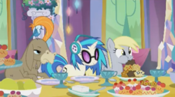 Size: 638x356 | Tagged: safe, screencap, cranky doodle donkey, derpy hooves, dj pon-3, vinyl scratch, bird, donkey, pegasus, pony, songbird, unicorn, g4, no second prances, discovery family logo, donald chirp, female, food, male, mare, muffin, wig