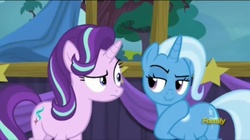 Size: 2048x1147 | Tagged: safe, screencap, starlight glimmer, trixie, pony, unicorn, g4, no second prances, discovery family logo, female, lidded eyes, mare, out of context