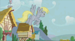 Size: 486x268 | Tagged: safe, screencap, derpy hooves, pegasus, pony, g4, no second prances, animated, butt, cute, derpabetes, derpy being derpy, discovery family logo, falling, female, mare, oops my bad, plot, sign, smiling, waving