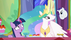 Size: 1280x722 | Tagged: safe, edit, edited screencap, screencap, princess celestia, rarity, twilight sparkle, alicorn, pony, g4, no second prances, discovery family logo, female, mare, meme, nervous, rariball, twilight sparkle (alicorn), twilight's castle