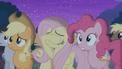 Size: 400x225 | Tagged: source needed, useless source url, safe, screencap, applejack, cherry cola, cherry fizzy, cloud kicker, coco crusoe, fluttershy, lucky clover, pinkie pie, earth pony, pegasus, pony, g4, no second prances, animated, discovery family logo, faint, female, gif, male, mare, reaction image, stallion