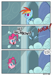 Size: 2650x3850 | Tagged: safe, artist:valcron, pinkie pie, rainbow dash, earth pony, pegasus, pony, g4, cloud, comic, cute, dialogue, feather, female, high res, how, jumpscare, mare, open mouth, pinkie being pinkie, pinkie physics, scared, smiling, speech bubble, surprised