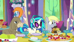 Size: 500x281 | Tagged: safe, screencap, cranky doodle donkey, derpy hooves, dj pon-3, vinyl scratch, bird, donkey, pegasus, pony, songbird, unicorn, g4, no second prances, animated, cute, derpabetes, discovery family logo, donald chirp, female, food, headphones, male, mare, muffin, plate, that pony sure does love muffins, vibing, waving, wig
