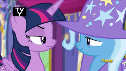 Size: 500x281 | Tagged: safe, screencap, trixie, twilight sparkle, alicorn, pony, unicorn, g4, no second prances, animated, cape, clothes, discovery family logo, duo, fake smile, female, folded wings, forced smile, glare, grin, hat, lidded eyes, long time no see, mare, narrowed eyes, rivalry, smiling, suspicious, trixie's cape, trixie's hat, twilight sparkle (alicorn), twilight sparkle is not amused, unamused, wings