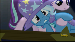 Size: 1600x900 | Tagged: safe, screencap, starlight glimmer, trixie, pony, unicorn, g4, no second prances, clothes, discovery family logo, female, mare, torn clothes