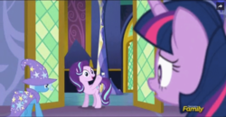 Size: 1033x537 | Tagged: safe, screencap, starlight glimmer, trixie, twilight sparkle, alicorn, pony, g4, no second prances, animation error, counterparts, discovery family logo, female, hornless unicorn, magical trio, mare, missing horn, twilight sparkle (alicorn), twilight's counterparts