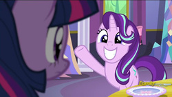 Size: 510x288 | Tagged: safe, screencap, starlight glimmer, twilight sparkle, alicorn, pony, unicorn, g4, no second prances, cute, discovery family logo, female, glimmerbetes, looking at each other, mare, raised hoof, twilight sparkle (alicorn)