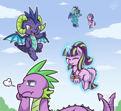 Size: 1086x1000 | Tagged: safe, artist:vavacung, princess ember, spike, starlight glimmer, oc, oc:burning star, oc:charcoal, dracony, dragon, hybrid, g4, gauntlet of fire, adult spike, eyes closed, female, flying, half-siblings, hilarious in hindsight, interspecies offspring, jealous, levitation, magic, male, offspring, older, ot3, parent:princess ember, parent:spike, parent:starlight glimmer, parents:emberspike, parents:sparlight, polyamory, prone, ship:emberspike, ship:sparlight, shipping, smiling, snorting, spike can't fly, spike gets all the girls, spike gets all the mares, spike is not amused, straight, tail wag, telekinesis, unamused