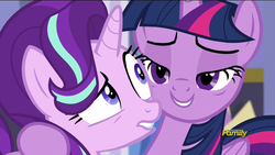 Size: 1920x1080 | Tagged: safe, screencap, starlight glimmer, twilight sparkle, alicorn, pony, g4, no second prances, discovery family logo, lidded eyes, out of context, twilight sparkle (alicorn)