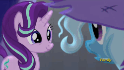 Size: 500x281 | Tagged: safe, screencap, starlight glimmer, trixie, pony, unicorn, g4, no second prances, animated, clothes, discovery family logo, duo, female, forgiveness, mare, smiling, torn clothes, when she smiles, wink