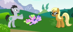 Size: 1092x478 | Tagged: safe, screencap, apple cobbler, daisy, flower wishes, lucky clover, sea swirl, seafoam, g4, no second prances, apple family member, background pony, female, glasses, lying down, male, mare, stallion