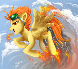 Size: 1650x1450 | Tagged: safe, artist:meotashie, spitfire, pegasus, pony, g4, badass, epic, female, fire, flying, goggles, looking at you, mare, solo, spitfiery, spread wings, wings