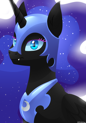 Size: 1400x2000 | Tagged: safe, artist:zoruanna, nightmare moon, g4, female, serious, sitting, solo, stare