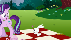 Size: 1920x1080 | Tagged: safe, screencap, angel bunny, starlight glimmer, pony, rabbit, unicorn, g4, no second prances, animal, discovery family logo, female, heart, interspecies, male, mare, out of context, ship:starbunny, shipping, straight