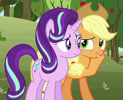 Size: 824x674 | Tagged: safe, screencap, applejack, starlight glimmer, g4, no second prances, animated, female, loop, whispering