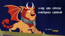 Size: 1175x654 | Tagged: safe, edit, edited screencap, screencap, trixie, manticore, pony, unicorn, g4, no second prances, cannon, canon, caption, discovery family logo, eaten alive, female, lol, mare, misspelling, moonshot manticore mouth dive, predation, suicide, vore, you know for kids