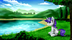 Size: 3200x1800 | Tagged: safe, artist:nekokevin, rarity, pony, robot, robot pony, unicorn, g4, cloud, commission, female, grass, hooves, horn, mare, pond, raribot, sitting, solo, tree, water