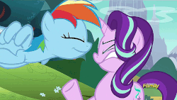 Size: 960x540 | Tagged: safe, screencap, rainbow dash, starlight glimmer, g4, no second prances, animated, discovery family logo, female, loop, spit, spit on face, spitting
