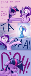 Size: 1714x4096 | Tagged: safe, artist:underpable, starlight glimmer, trixie, twilight sparkle, alicorn, pony, unicorn, g4, no second prances, :t, annoyed grunt, comic, counterparts, curved horn, d'oh, dialogue, eyes closed, female, floppy ears, great and powerful, grin, high res, homer simpson, horn, magical trio, male, mare, nose wrinkle, pushing, shooing, simpsons did it, sitting, smiling, speech bubble, squee, ta-da!, the simpsons, twilight sparkle (alicorn), twilight's counterparts