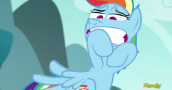 Size: 1316x694 | Tagged: safe, screencap, rainbow dash, g4, no second prances, discovery family logo, faic, female, funny face, solo