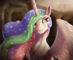 Size: 3159x2585 | Tagged: safe, artist:starblaze25, princess celestia, alicorn, pony, g4, aside glance, bust, cheek fluff, chest fluff, cute, cutelestia, dust motes, ear fluff, female, fluffy, grin, hair over one eye, high res, lidded eyes, looking back, mare, missing accessory, neck fluff, portrait, sitting, smiling, solo, sparkles, spread wings, wing fluff