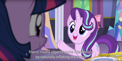 Size: 1920x970 | Tagged: safe, screencap, starlight glimmer, twilight sparkle, alicorn, pony, g4, no second prances, discovery family logo, female, mare, meme, twilight sparkle (alicorn), youtube caption