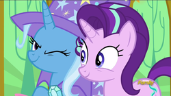 Size: 1600x898 | Tagged: safe, screencap, starlight glimmer, trixie, pony, unicorn, g4, no second prances, discovery family logo, female, mare