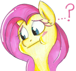 Size: 844x794 | Tagged: safe, artist:strangiemish, fluttershy, g4, blushing, bust, cheeks, female, looking away, looking down, portrait, question mark, simple background, solo, traditional art, transparent background, unsure