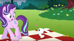 Size: 1365x767 | Tagged: safe, screencap, angel bunny, starlight glimmer, g4, no second prances, angelbetes, cute, discovery family logo, heart, starlight is a bunny fondler