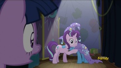 Size: 1920x1080 | Tagged: safe, screencap, starlight glimmer, trixie, twilight sparkle, alicorn, pony, g4, no second prances, caught, counterparts, discovery family logo, female, frown, hug, magical trio, mare, open mouth, out of context, spotlight, twilight sparkle (alicorn), twilight's counterparts, wide eyes
