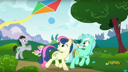 Size: 1371x775 | Tagged: safe, screencap, bon bon, daisy, flower wishes, lucky clover, lyra heartstrings, sweetie drops, g4, no second prances, discovery family logo, kite, kite flying