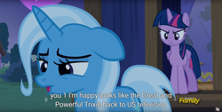 Size: 1920x970 | Tagged: safe, screencap, trixie, twilight sparkle, alicorn, pony, unicorn, g4, no second prances, discovery family logo, female, mare, meme, television, twilight sparkle (alicorn), united states, youtube caption