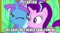 Size: 800x449 | Tagged: safe, edit, screencap, starlight glimmer, trixie, pony, unicorn, g4, no second prances, discovery family logo, female, lesbian, mare, one eye closed, ship:startrix, shipping, wink