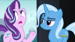 Size: 1600x900 | Tagged: safe, screencap, starlight glimmer, trixie, pony, unicorn, g4, no second prances, discovery family logo, female, mare, raised hoof, talking