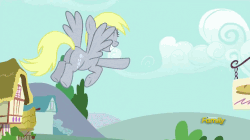 Size: 1279x714 | Tagged: safe, screencap, derpy hooves, pegasus, pony, g4, no second prances, animated, background pony, crash, crash landing, cute, derpabetes, derpy being derpy, discovery family logo, female, flying, landing, mare, solo, this will end in friendship, tongue out