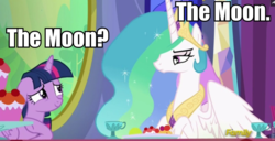 Size: 960x491 | Tagged: safe, edit, edited screencap, screencap, princess celestia, twilight sparkle, alicorn, pony, g4, no second prances, celestia is not amused, crown, discovery family logo, done with your shit, female, floppy ears, frown, glare, image macro, jewelry, mare, meme, nervous, regalia, smiling, tired of your shit, to the moon, twilight sparkle (alicorn), unamused